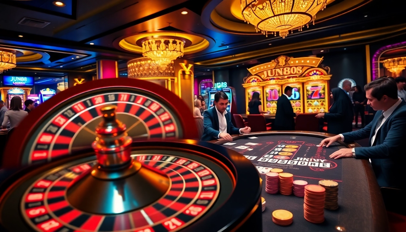 Experience the thrill at JUN88 with exciting gambling activities featuring poker and roulette.