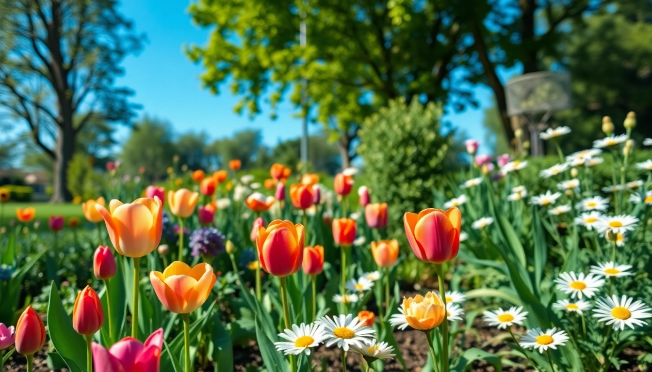 Gardening scene showcasing vibrant flowers and green foliage in a beautifully maintained garden.