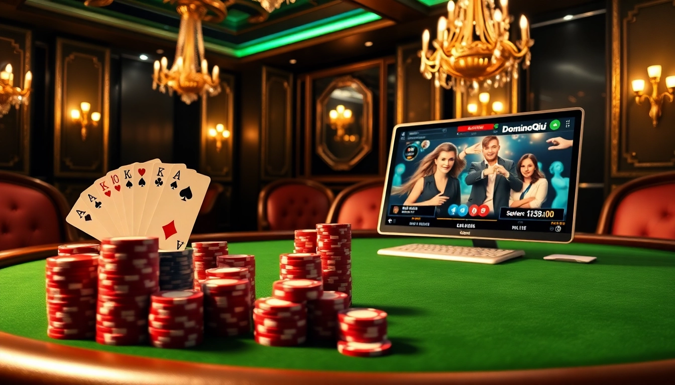 Excited players at the Dominoqiu poker table celebrating a jackpot win.
