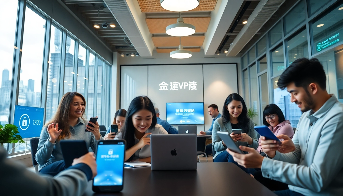 快连下载 users enjoy secure connections in a modern office setting, highlighting technology and connectivity.