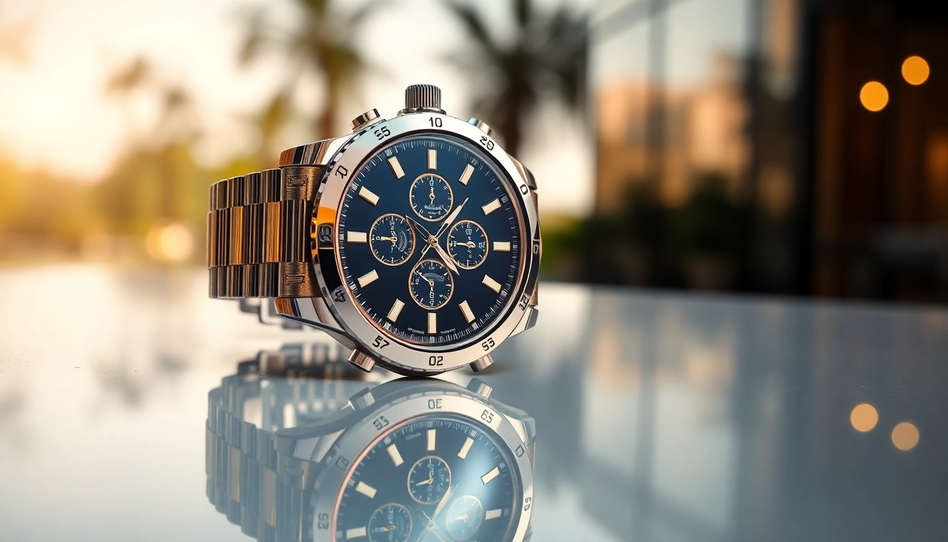 Admire the craftsmanship of a luxurious replica watch on a reflective surface.