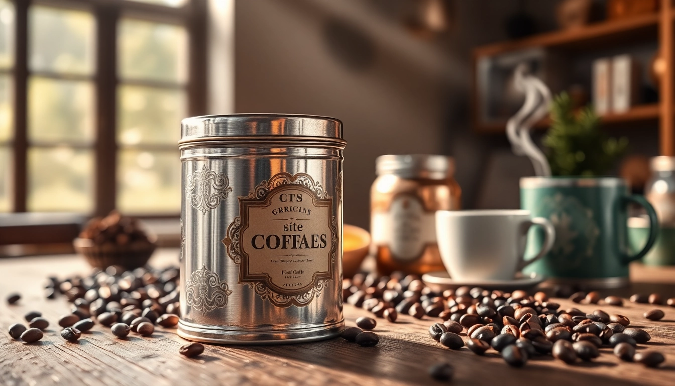 Elegant coffee tins displayed on a wooden table with coffee beans and a cup of coffee.