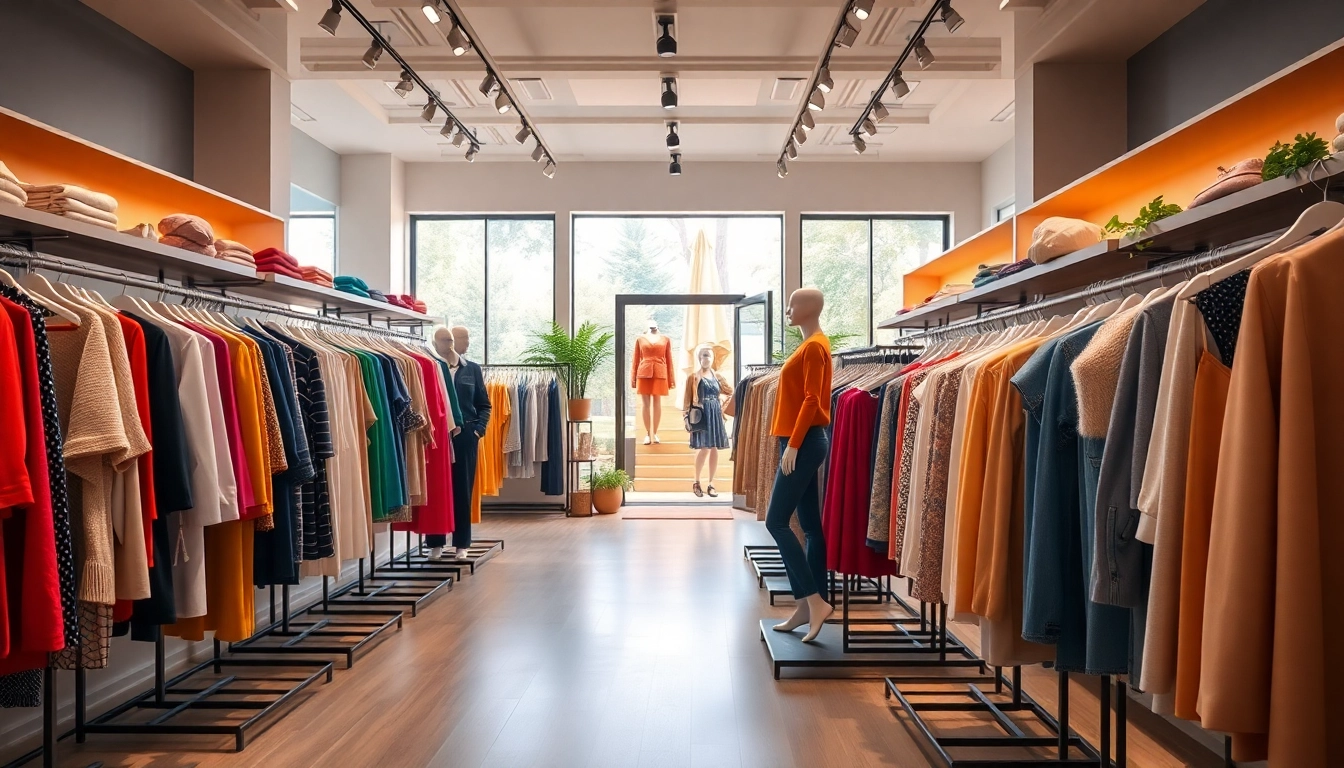 View of a modern clothing store interior showcasing trendy apparel and vibrant displays.