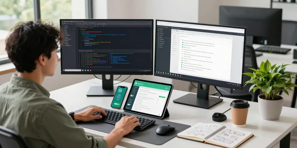 Developer coding and designing WhatsApp下載 interface in a modern tech workspace