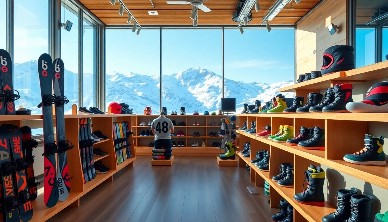 Browse unique products in a snowboard store filled with vibrant displays and a mountain backdrop.