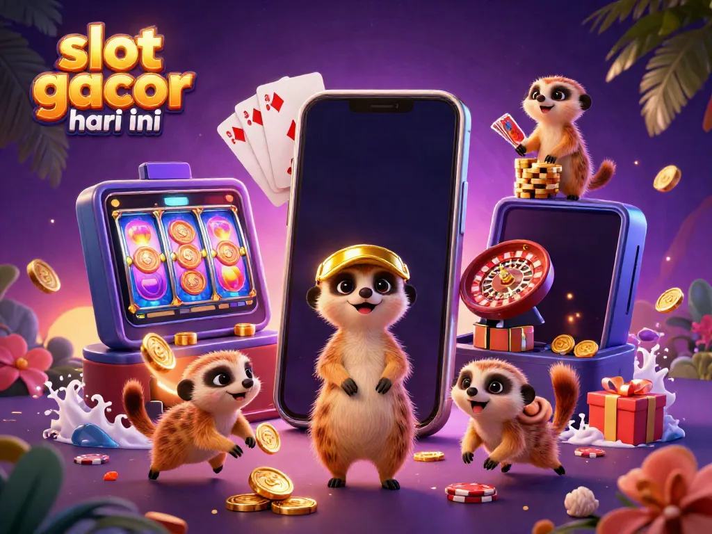 Merangkai kemenangan slot gacor hari ini dengan strategis oleh koloni meerkat dalam ilustrasi kasino yang dinamis.