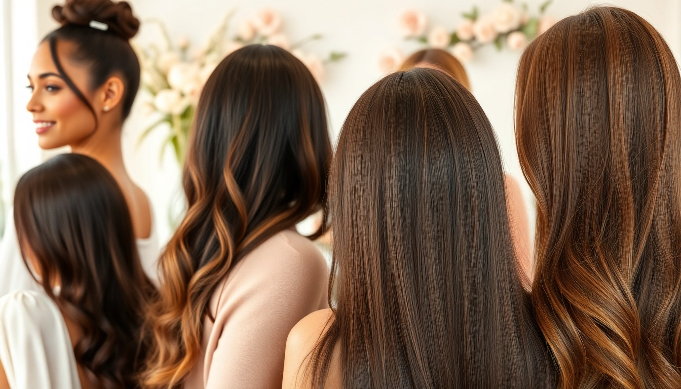Women beautifully showcasing invisi edge clip in hair extensions in a bright salon setting.