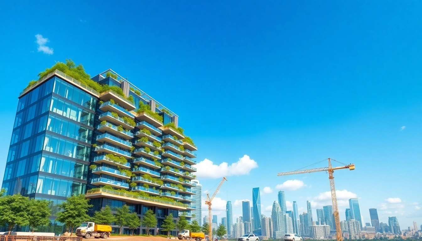 Modern Real Estate Development project with vibrant city skyline and sustainable design elements.