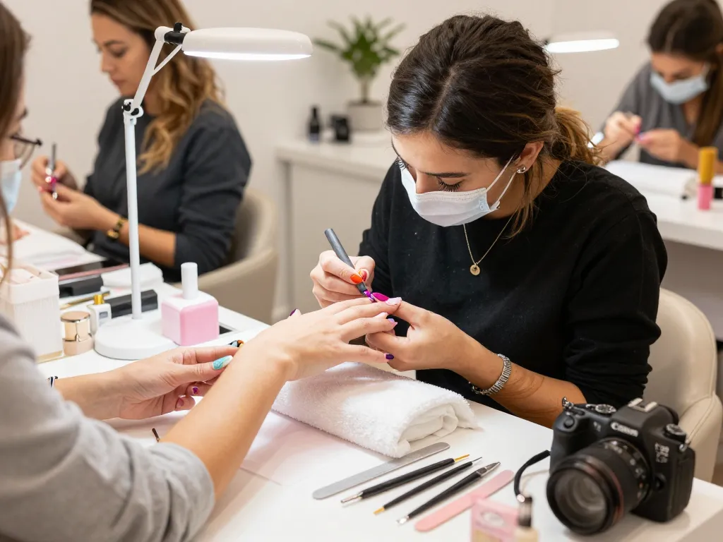 Nails expertly painted in a modern beauty salon with vibrant gel colors and nail art.