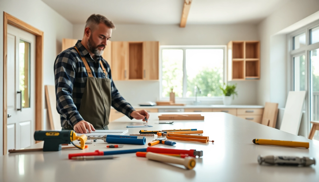 Craftsman executing home renovation on a modern kitchen with bright lighting and warm tones.