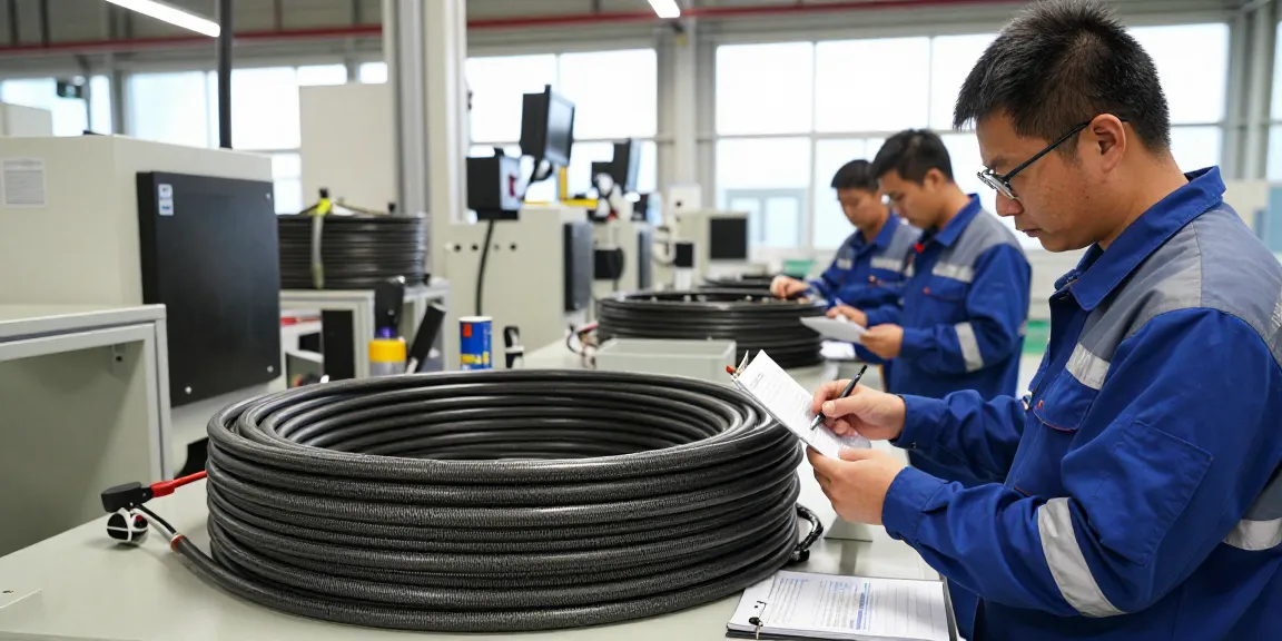 Close-up of seismic cable examination in an industrial setting, showcasing quality and safety.