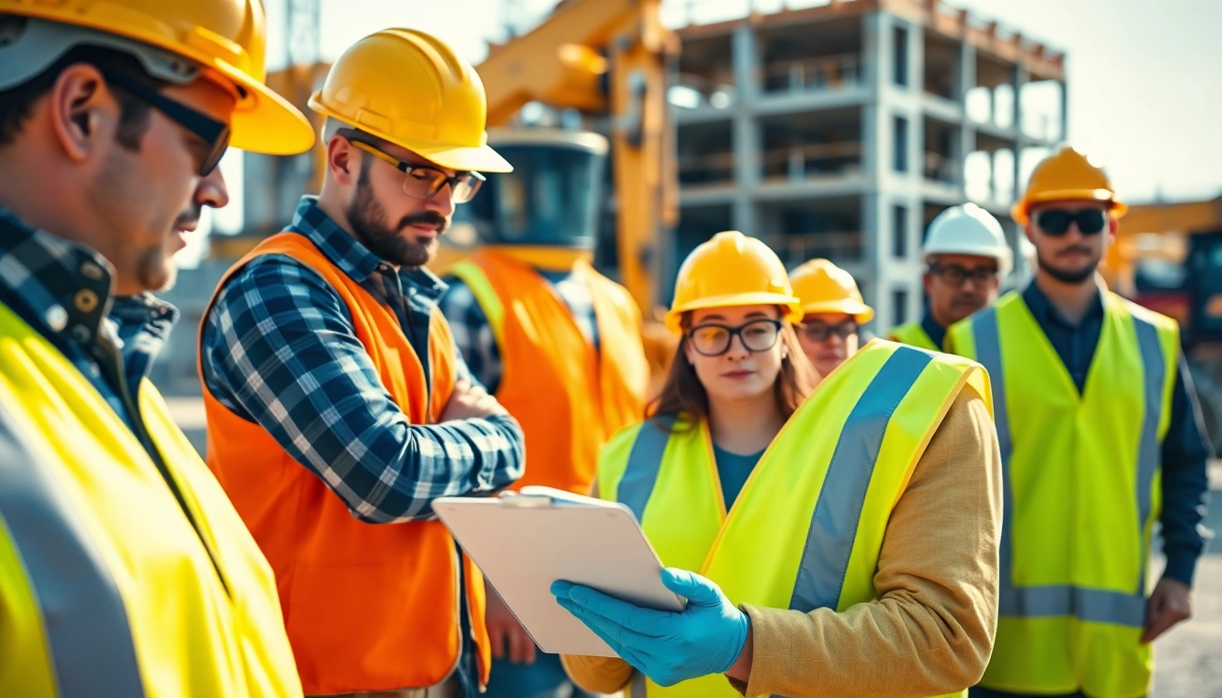 Workers ensuring construction site safety with safety gear in an active site