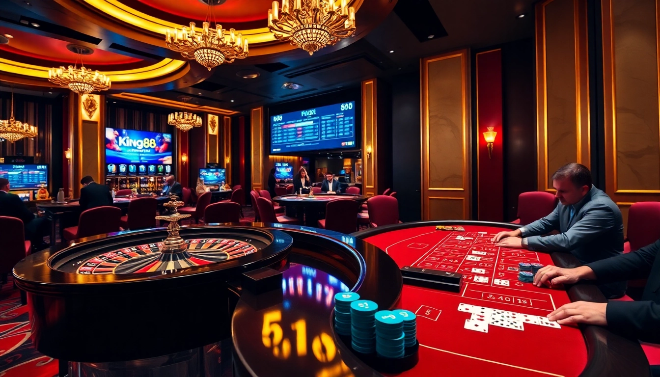King88 gamblers enjoying high-stakes action at an elegant casino table.
