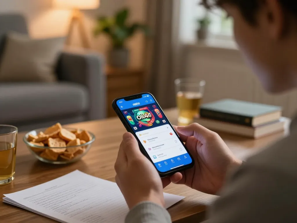 Player engaging with the oli4d casino app on smartphone during a cozy gaming session at home.