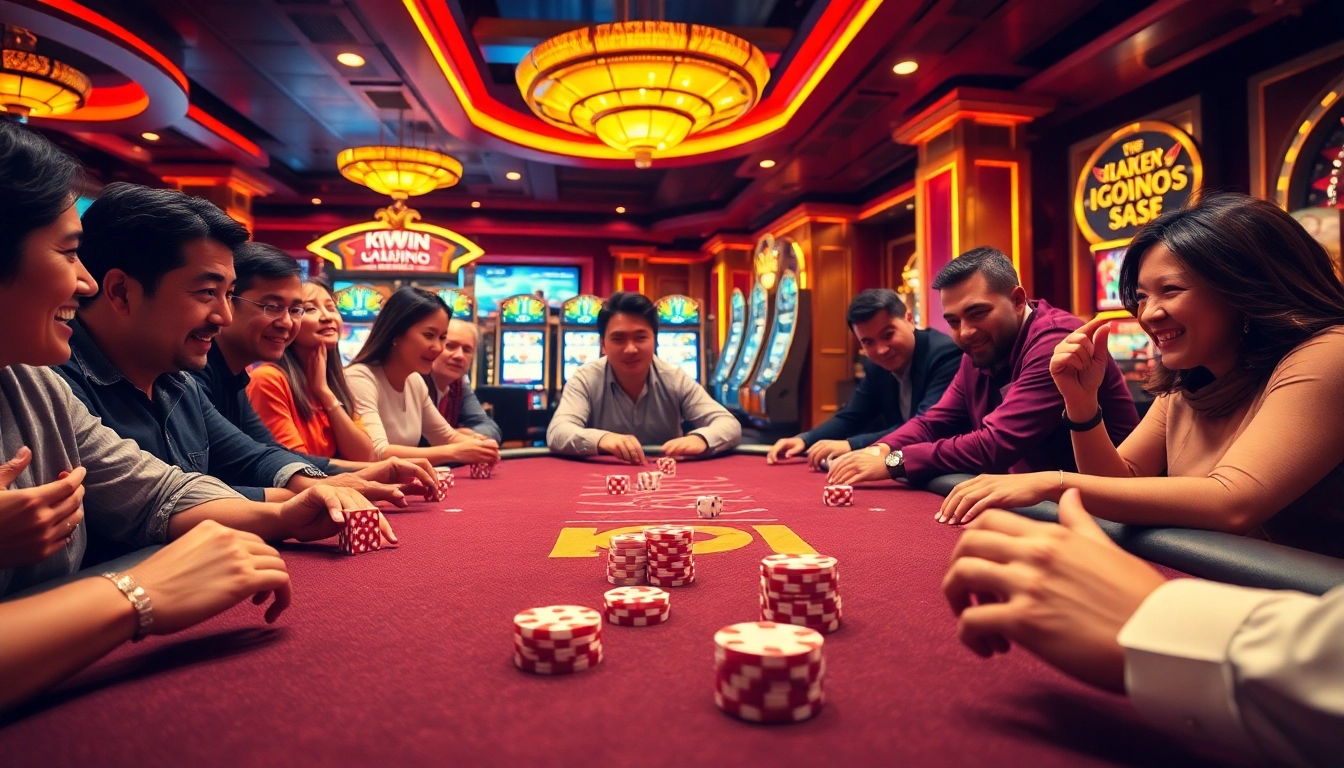 A lively gambling scene at KKWIN com, showcasing dynamic poker action and exciting slot machines.