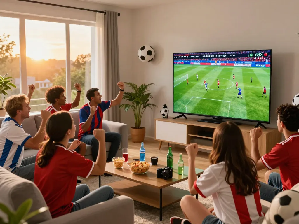 Cakhiatv football fans cheering in a cozy living room during a live HD match.