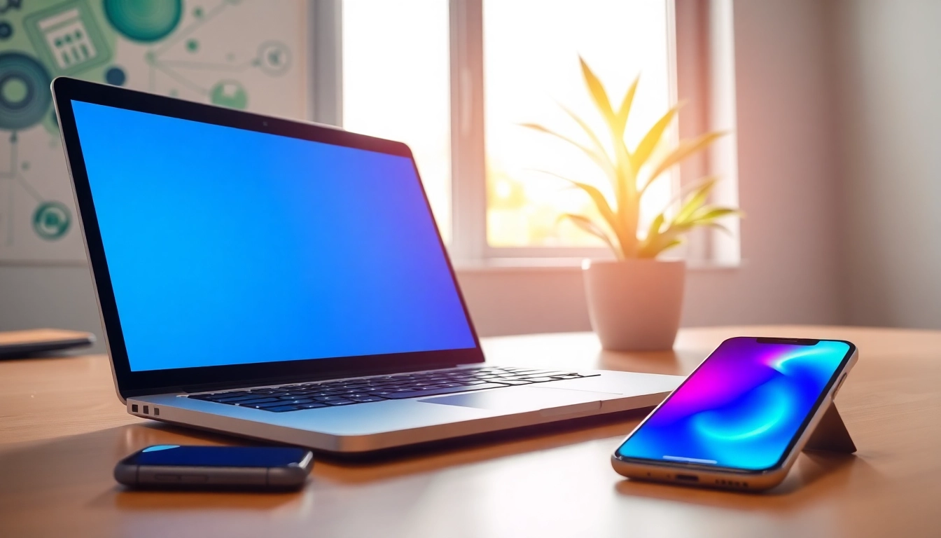 Engaging view of a workspace to buy used phones online featuring a laptop and used phones.