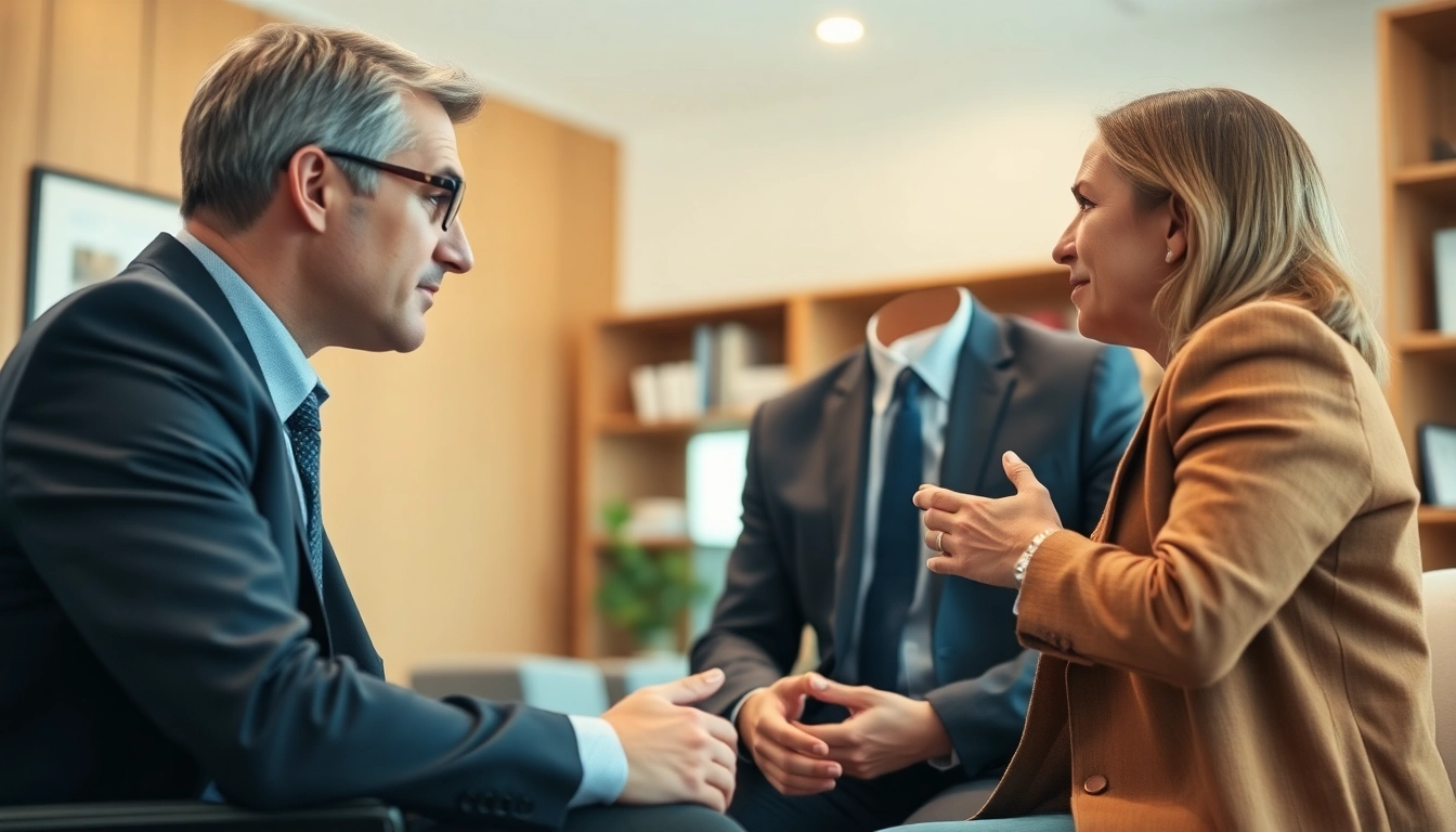A personal injury attorney discussing case details with a client in a modern office environment.