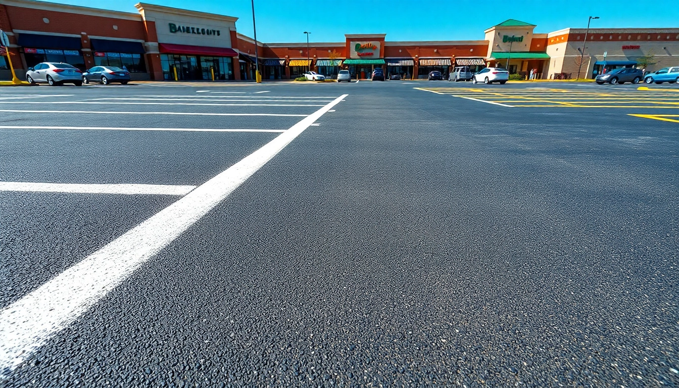 Parking lot striping Madison MS with freshly painted lines in a professional setting.