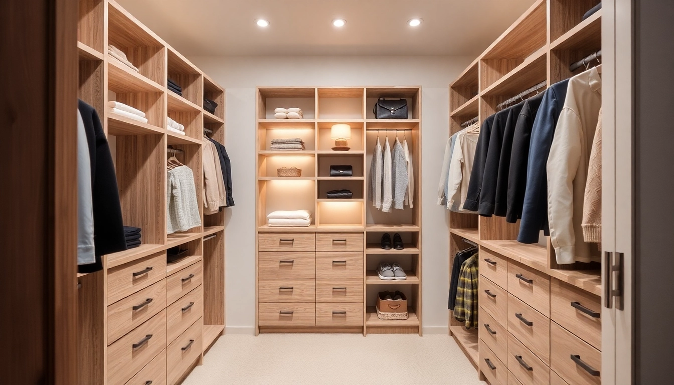 Closets perfectly designed with aesthetic wooden shelves and organized storage solutions.