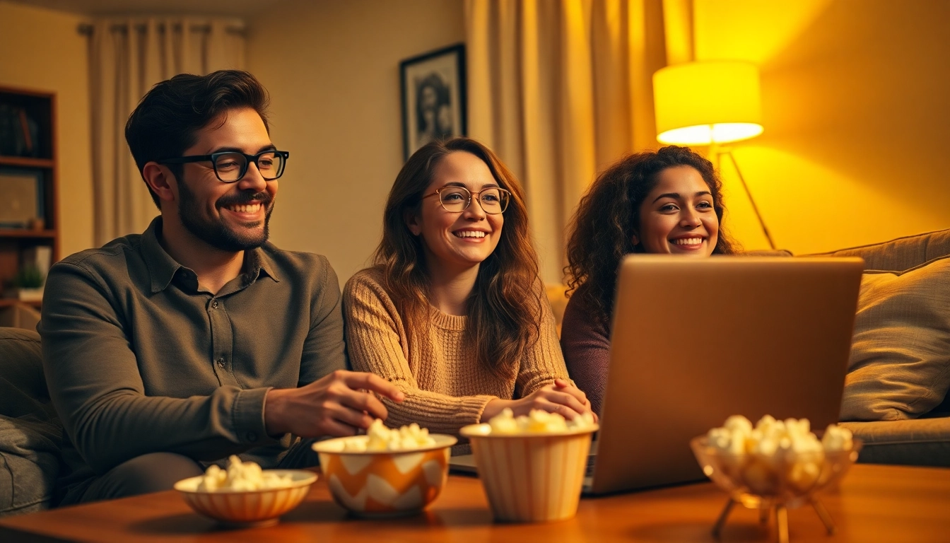 Engaged film lovers enjoying movies online in a cozy living room setting.