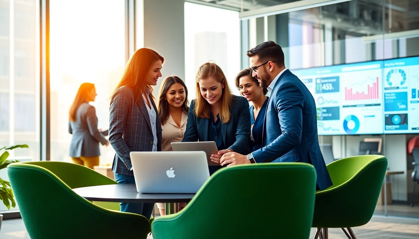 Boost your social media marketing edmonton with a team strategizing metrics in a modern office.