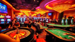 Engage with Nhà Cái S8 at a lively casino, showcasing roulette and poker action.