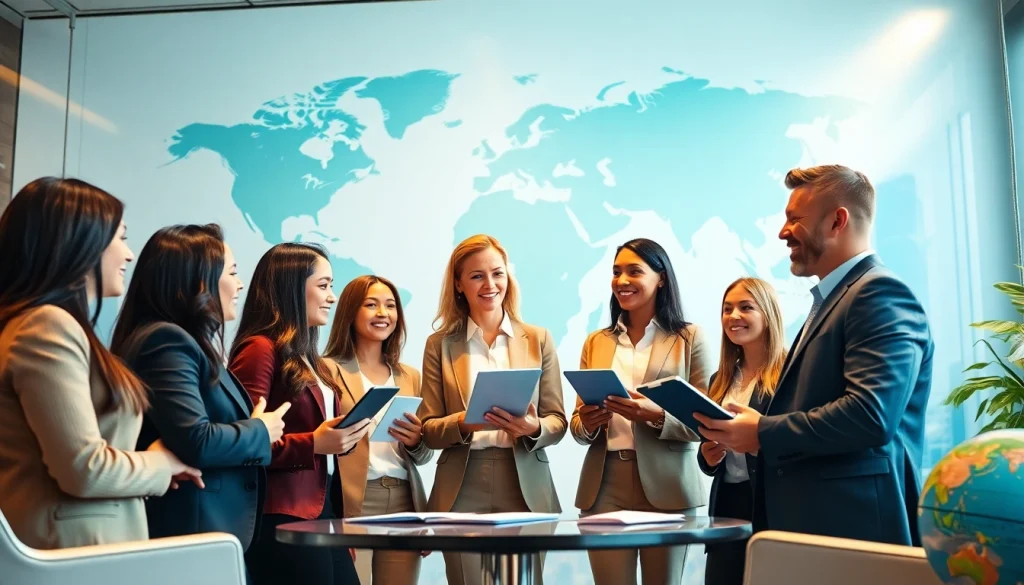 Real estate agents discussing properties, showcasing international real estate companies collaborations in modern office.