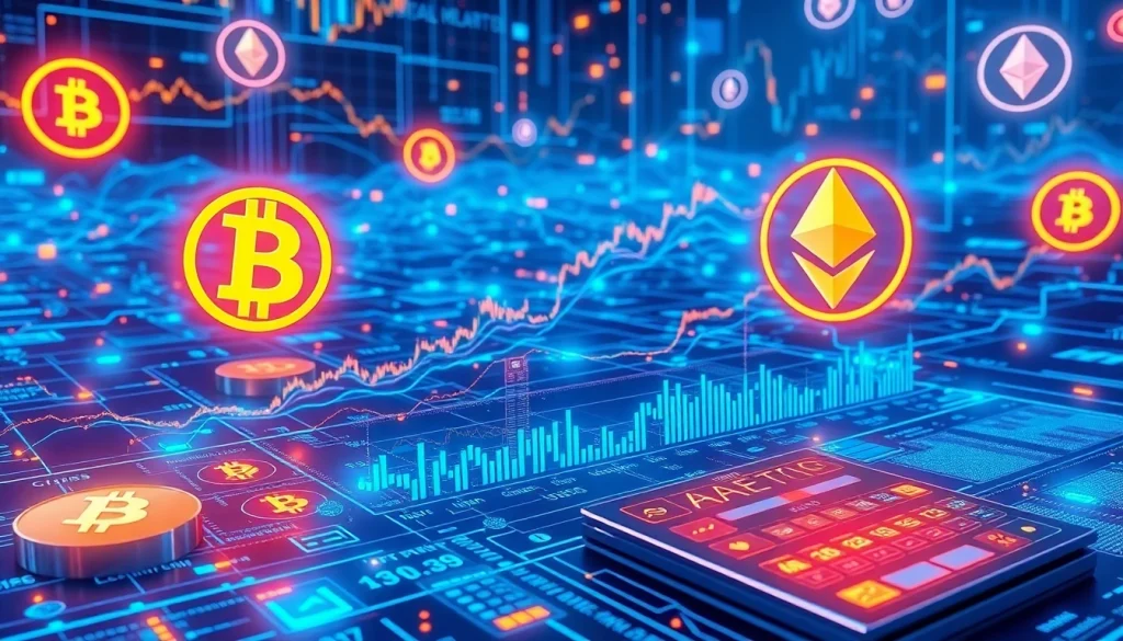 Kalkulator zintegrowany z żywą siecią kryptowalut, przedstawiający wykresy handlowe i portfele cyfrowe.