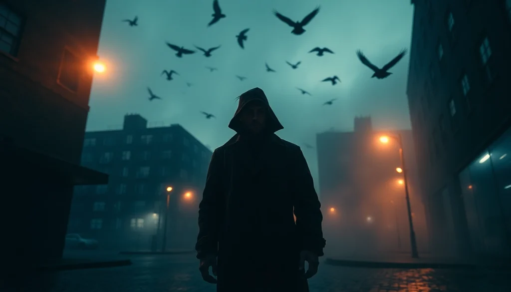 Thriller movie scene featuring an enigmatic character in a trench coat in a dark urban setting.