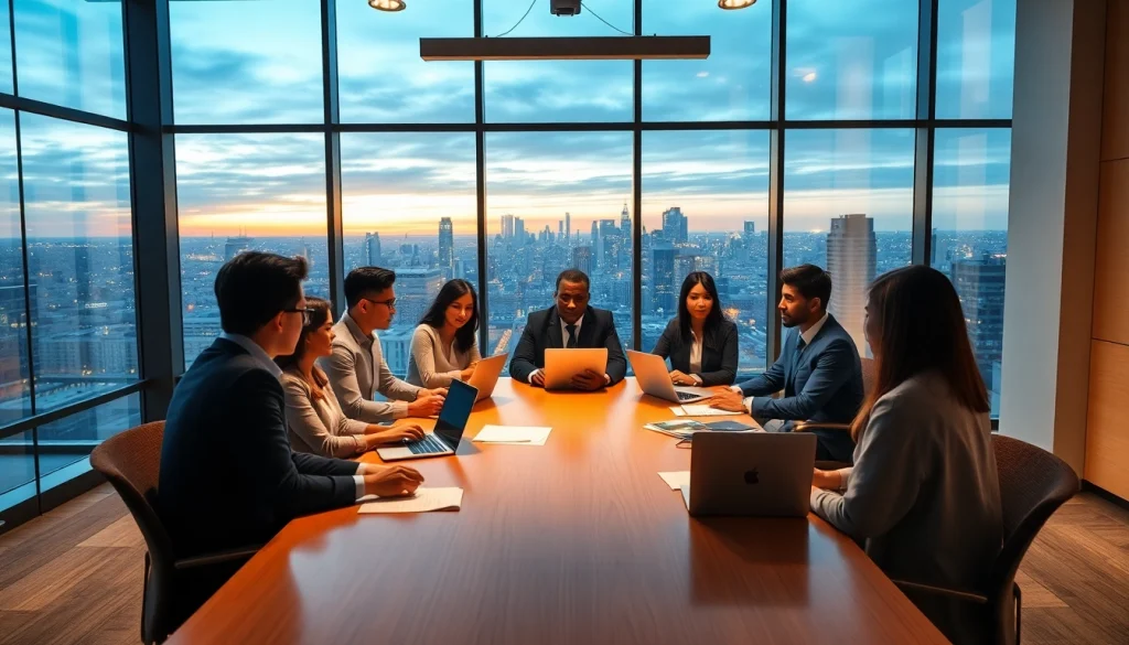 Group of professionals discussing strategies at https://www.shiverhamilton.com with a city skyline backdrop.