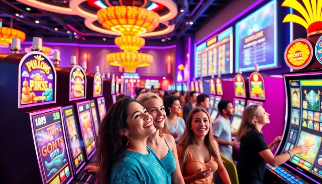 Experience the thrill of South Africa online slots with diverse players enjoying vibrant machines.