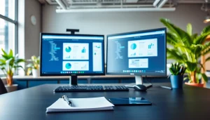 Utilize WPS办公 tools in a vibrant modern workspace with dual monitors.