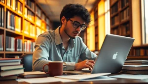 Redactare lucrare licenta: student focused on thesis writing amid books in a cozy library.