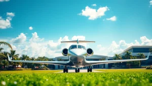 Luxury private jet landing at a modern airport showcasing the experience of traveling with https://flymarquis.com.