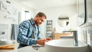 Skilled bathroom builders showcasing renovation techniques in a modern setting.