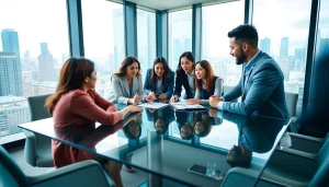 Engaged professionals collaborating during a meeting at https://whatalker.com with a modern city backdrop.