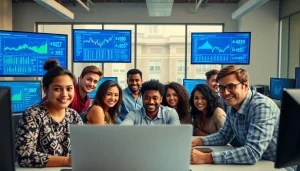 Engaging cloud mining team collaborating on cryptocurrency strategies in a modern office.