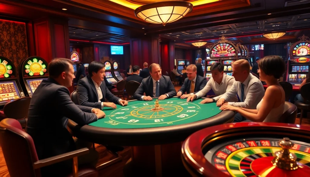 C168 players strategizing around a poker table with vibrant slot machines in the background.