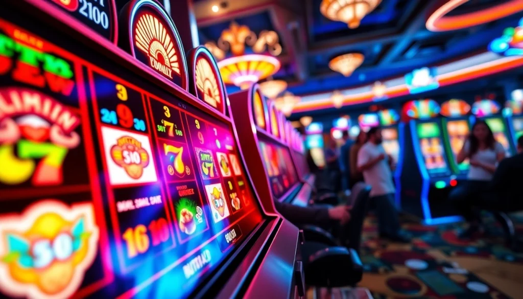 Bermain bukti4d slot dengan slot machine berwarna cerah dan suasana kasino yang hidup.