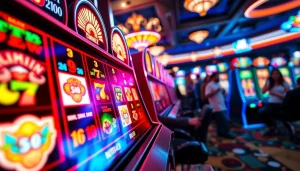 Bermain bukti4d slot dengan slot machine berwarna cerah dan suasana kasino yang hidup.