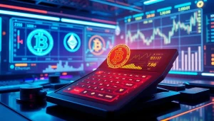 Calculator for cryptocurrency analytics featuring Bitcoin trading and blockchain visuals.