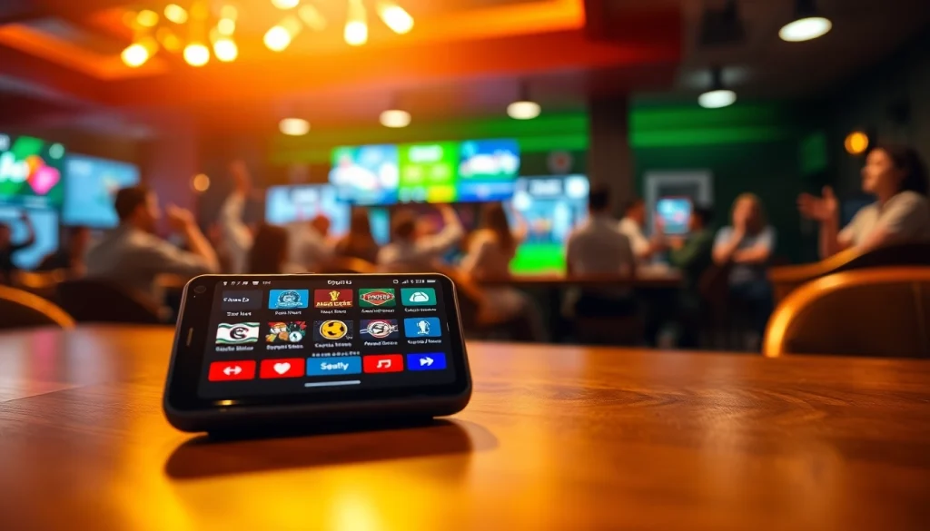 Engaging display of the best sports betting apps in India on a smartphone at a vibrant sports bar.