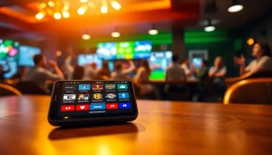 Engaging display of the best sports betting apps in India on a smartphone at a vibrant sports bar.