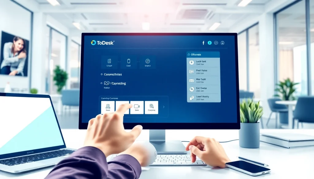 Download ToDesk远程控制下载 software in a modern office setting featuring a user engaged with remote control tools.