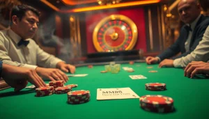 Dive into an MM88 poker showdown featuring colorful chips and cards in a glamorous casino setting.