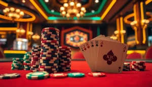 KJC AC showcases an exciting poker table scene with vibrant chips and cards, embodying high-stakes gambling.