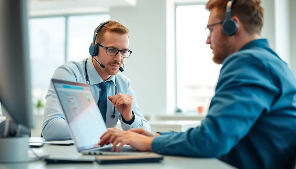 Technician performing computer support and services for a client in a well-lit office.