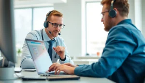 Technician performing computer support and services for a client in a well-lit office.