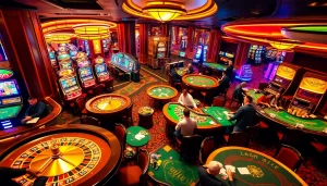 At https://c168.design/, bustling casino scene features players at poker tables and vibrant slot machines.